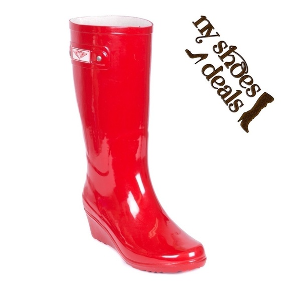 Women Wedge Rubber Rain Boots, Red Garden Rainboots, NEW - Picture 2 of 5